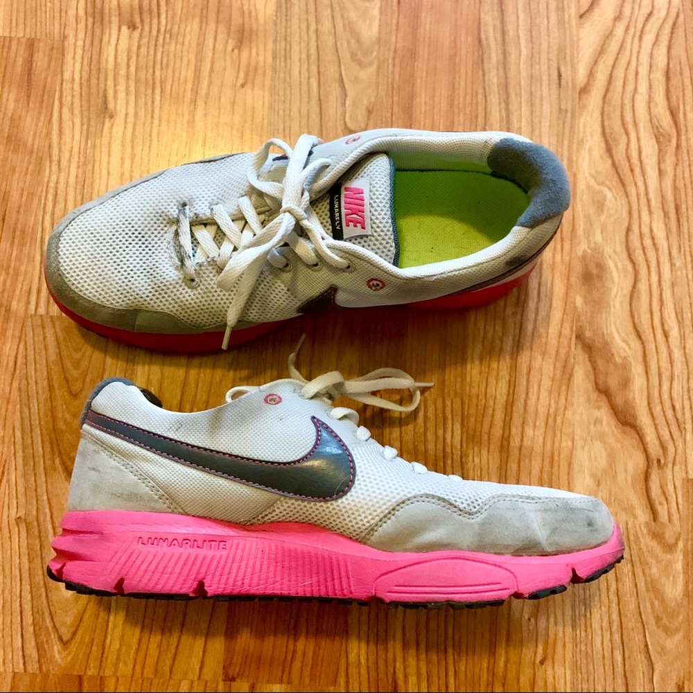 White Nike Lunarfly with Neon Pink Sole
